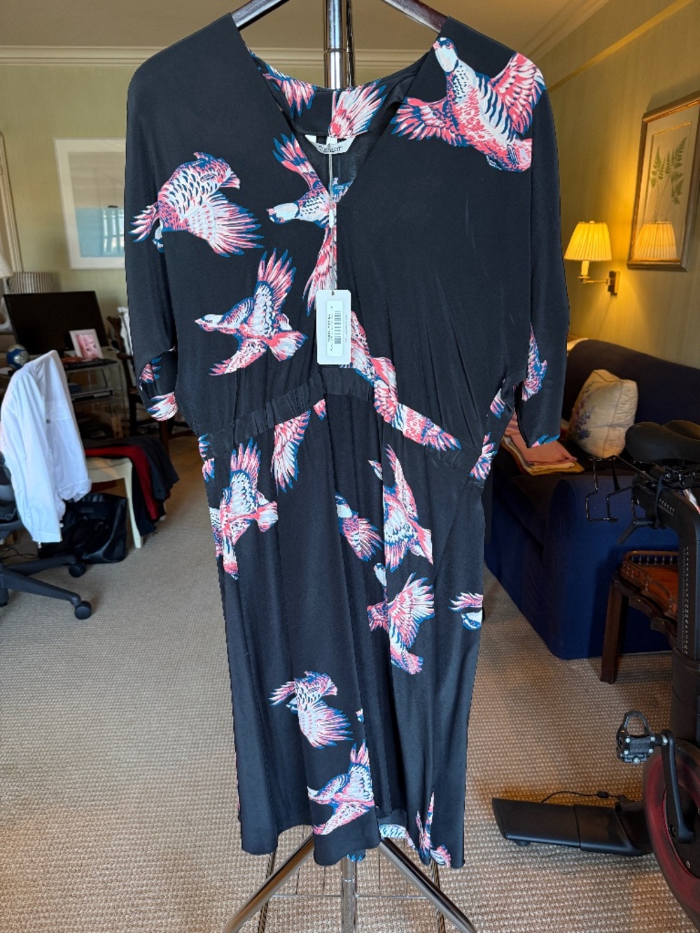 Tucker NYC Crane Print V-Neck Kimono 100% Silk Midi Dress Size L